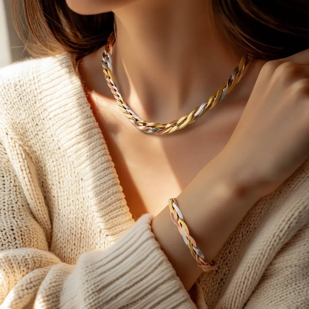 Modelo luciendo el Conjunto Triada: collar y pulsera trenzados tricolor de acero. Joyería elegante Vaiollet.