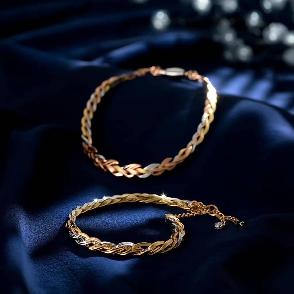 Conjunto Triada (collar y pulsera) de acero tricolor sobre fondo azul oscuro aterciopelado. Contraste elegante.